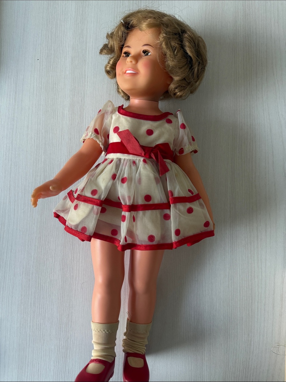 Classic 1972 Shirley Temple Polka Dot Doll in Cream and Red Dress